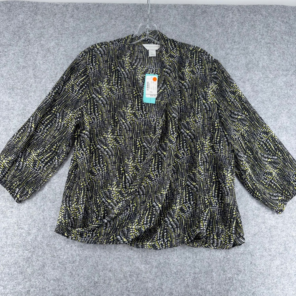 Christopher & Banks Petite XL Blouse Yellow Black Abstract Dotted Wrap Top NWT